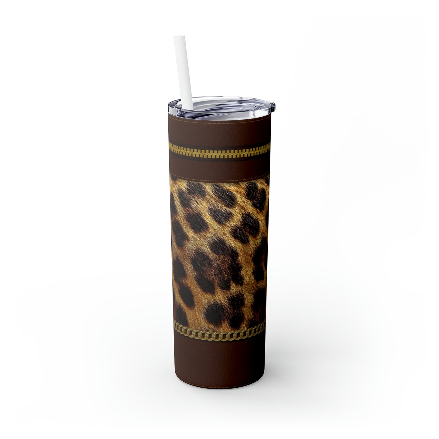 Leopard Zipper Print Skinny Tumbler with Straw, 20oz