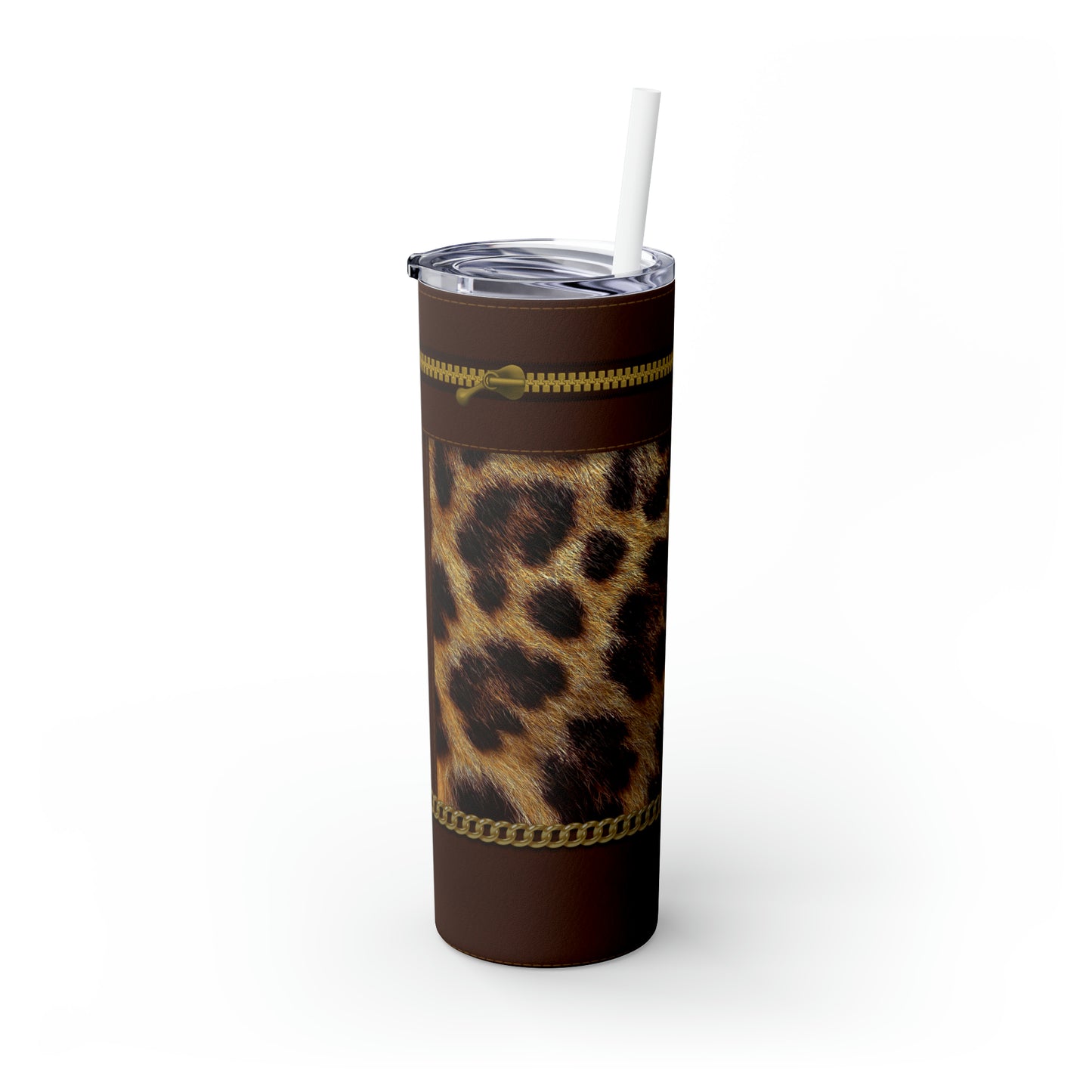 Leopard Zipper Print Skinny Tumbler with Straw, 20oz