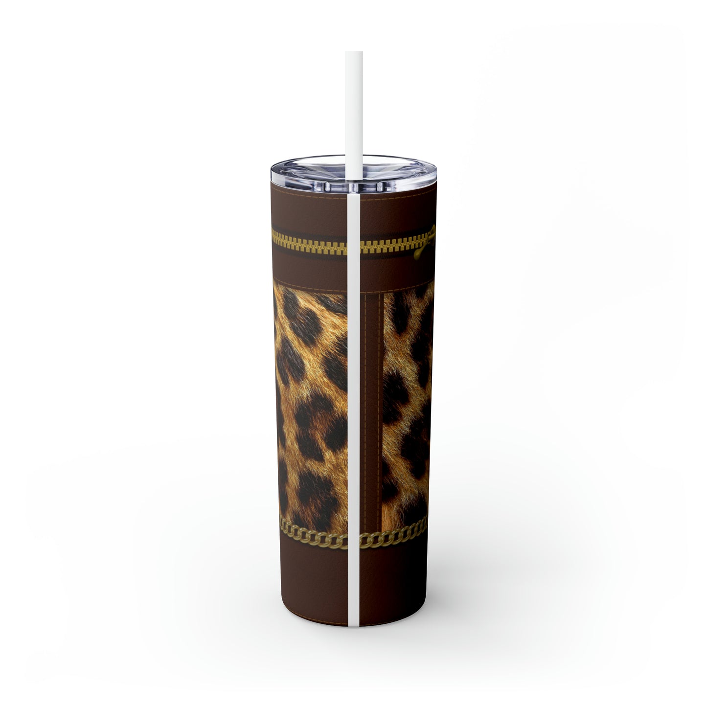 Leopard Zipper Print Skinny Tumbler with Straw, 20oz