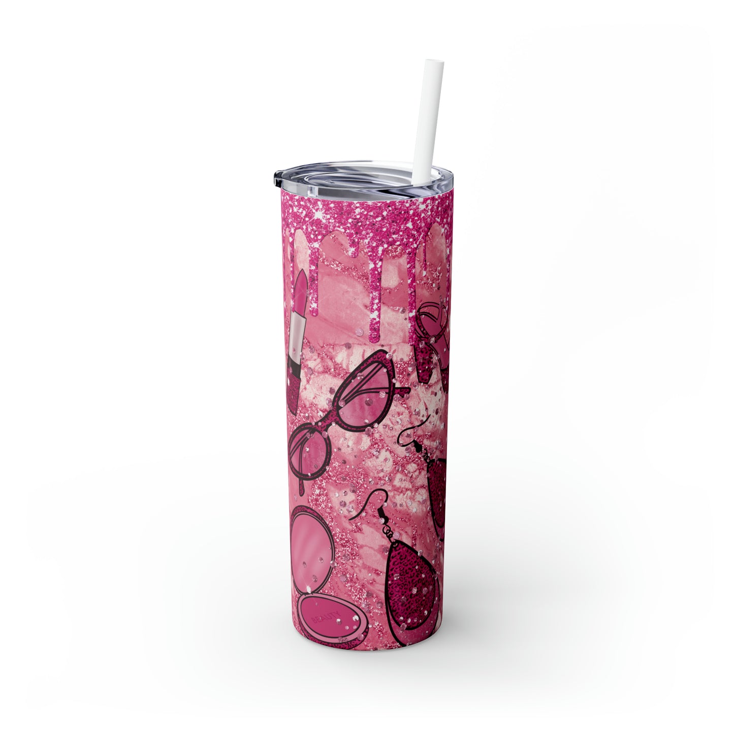 Pink Lipstick Print Skinny Tumbler with Straw, 20oz