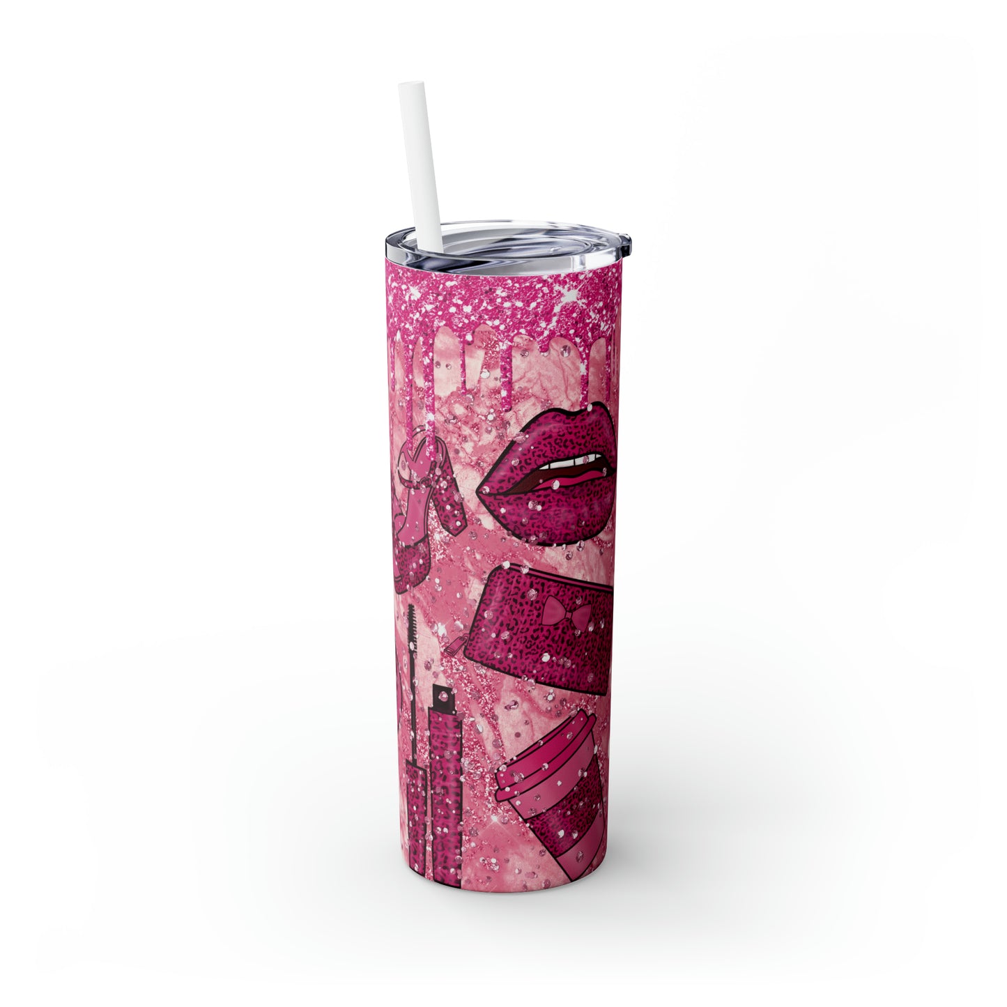 Pink Lipstick Print Skinny Tumbler with Straw, 20oz