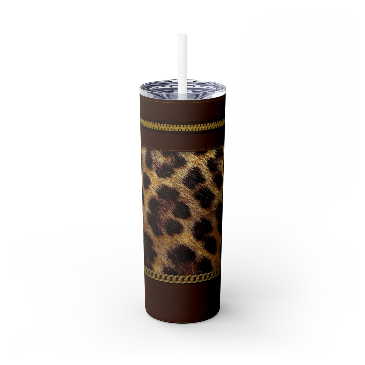 Leopard Zipper Print Skinny Tumbler with Straw, 20oz