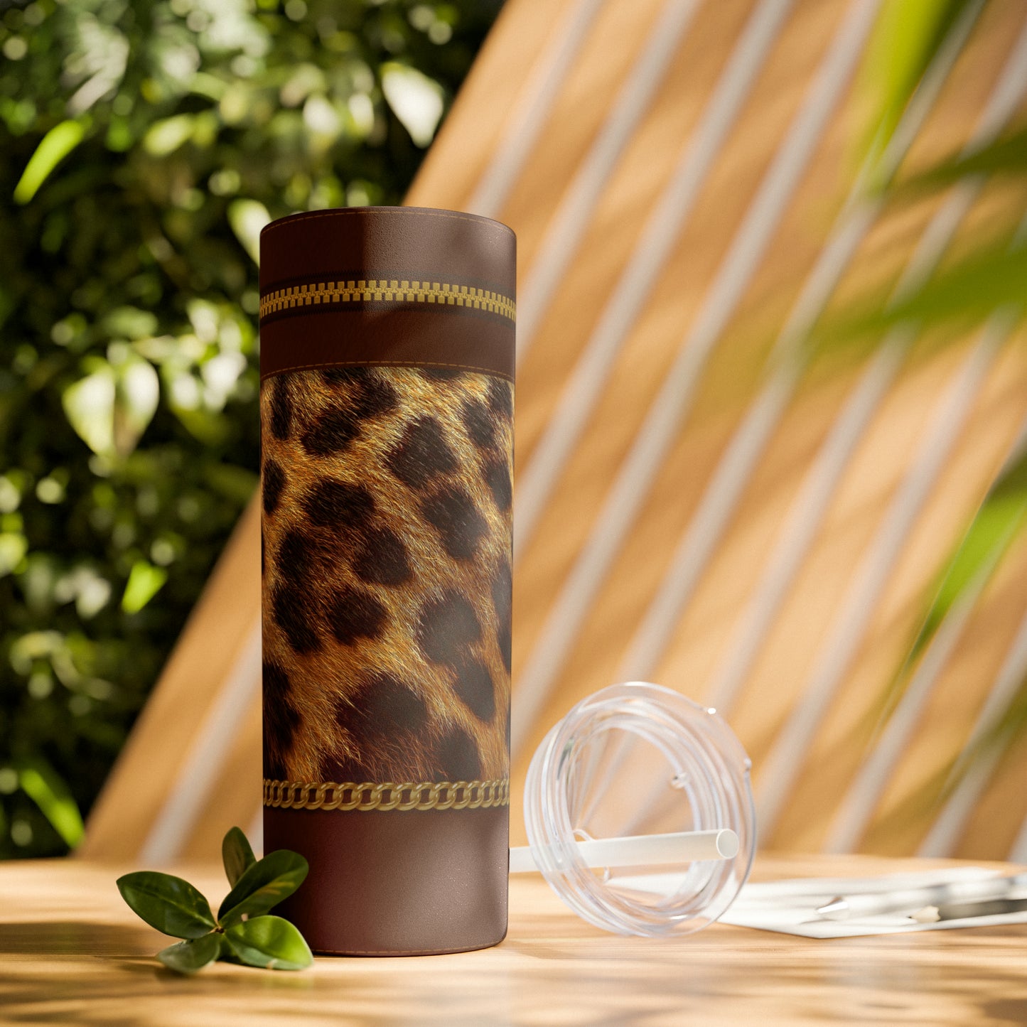 Leopard Zipper Print Skinny Tumbler with Straw, 20oz