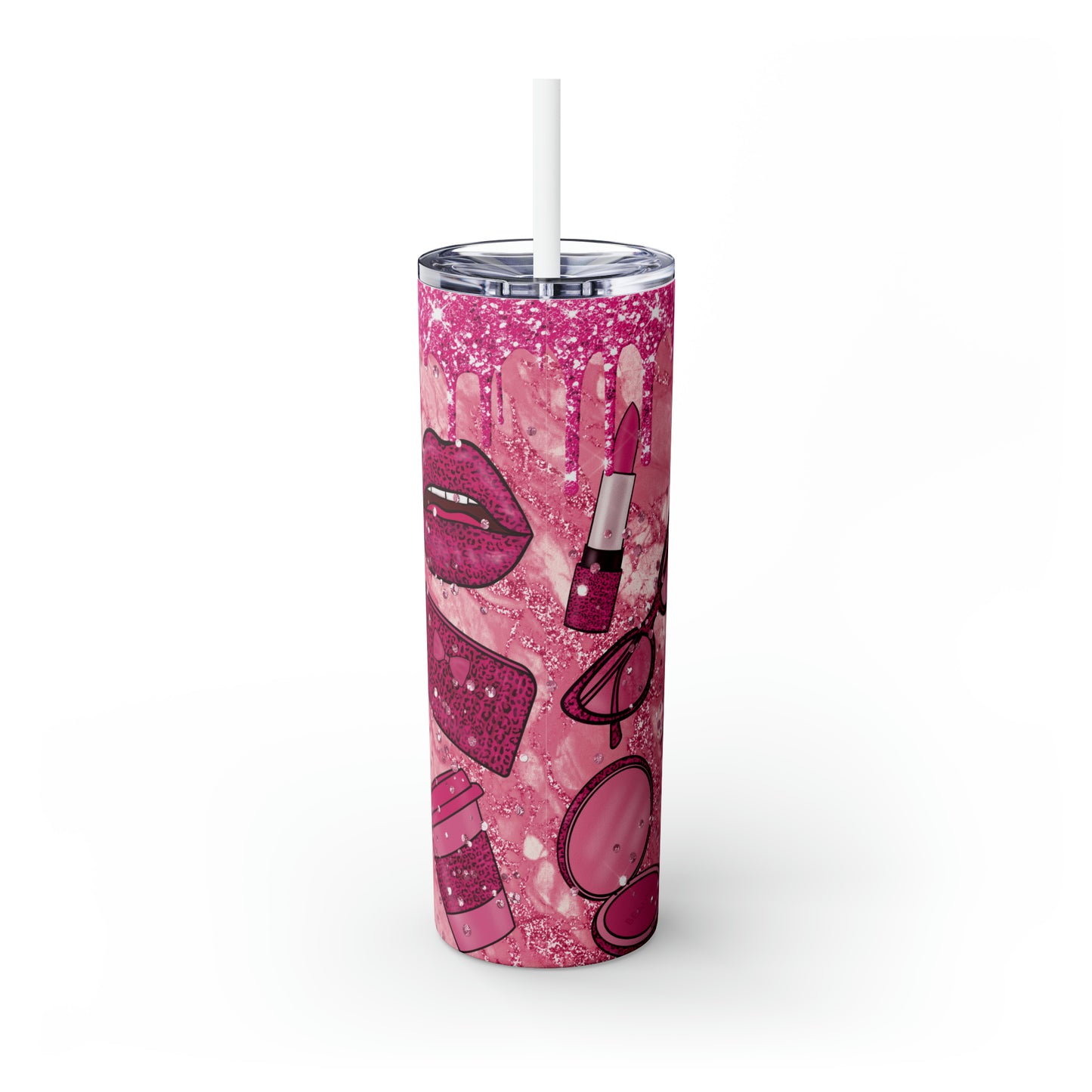 Pink Lipstick Print Skinny Tumbler with Straw, 20oz