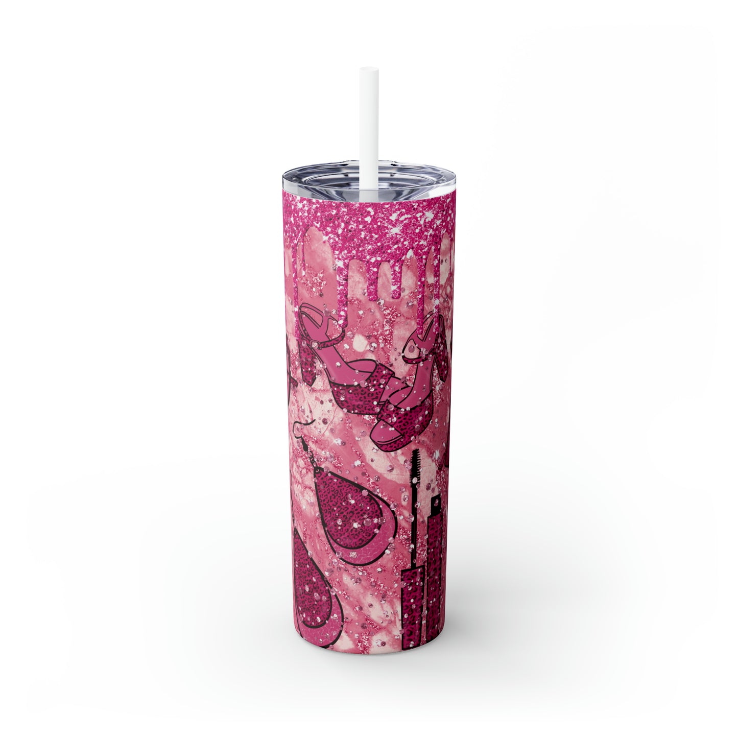 Pink Lipstick Print Skinny Tumbler with Straw, 20oz